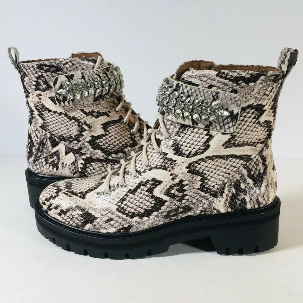 NEW Antonio Melani Daynzie Boots 6M Print Leather Jeweled Strap Combat Lug Sole